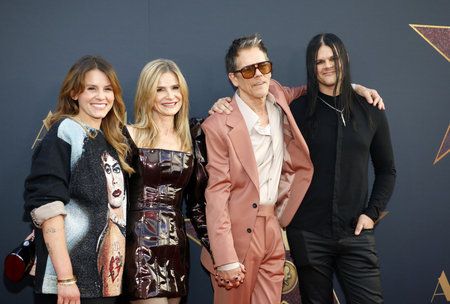 Sosie Bacon, Kyra Sedgwick, Kevin Bacon and Travis Bacon at the Los Angeles premiere of 'MaXXXine' held at the TCL Chinese Theater in Hollywood, USA on June 24, 2024.のeditorial素材