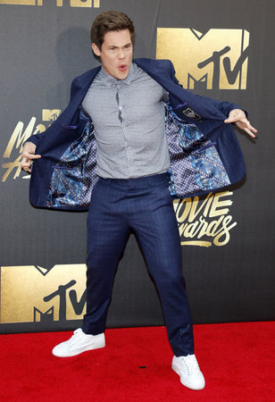 Adam DeVine at the 2016 MTV Movie Awards held at the Warner Bros. Studios in Burbank, USA on April 9, 2016.のeditorial素材