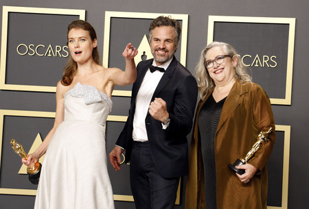 Carol Dysinger, Elena Andreicheva and Mark Ruffalo at the 92nd Academy Awards - Press Room held at the Dolby Theatre in Hollywood, USA on February 9, 2020.のeditorial素材
