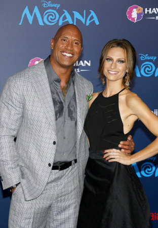 Dwayne Johnson and Lauren Hashian at the AFI FEST 2016 Premiere of 'Moana' held at the El Capitan Theatre in Hollywood, USA on November 14, 2016.のeditorial素材