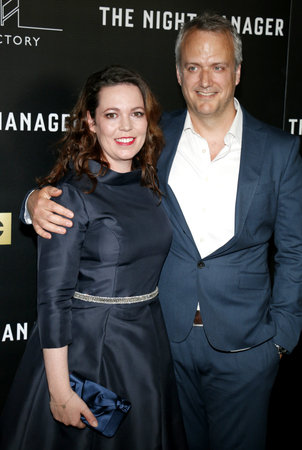 Olivia Colman and Ed Sinclair at the Los Angeles premiere of AMC's 'The Night Manager' held at the DGA Theater in Hollywood, USA on April 5, 2016.のeditorial素材