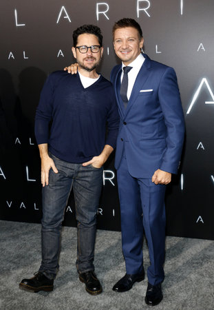 Jeremy Renner and J.J. Abrams at the Los Angeles premiere of 'Arrival' held at the Regency Village Theater in Westwood, USA on November 6, 2016.のeditorial素材
