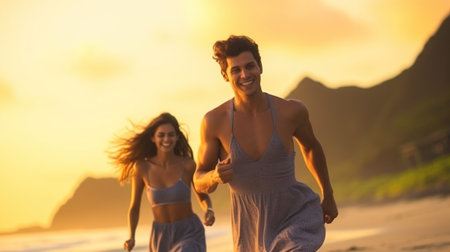Young couple running on the beach at sunset. People having fun outdoors.の素材