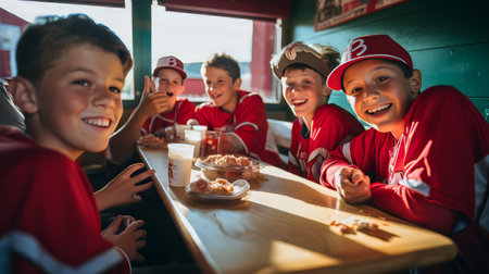 Portrait of smiling kids in sportswear sitting at table in stadiumの素材