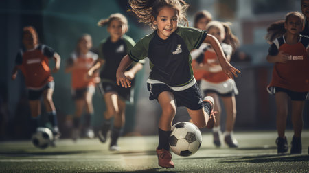Group of children playing soccer on a soccer field. Kids kicking the ballの素材