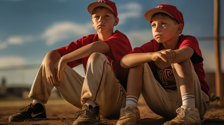 Baseball players in red uniform sitting on the field and looking at the cameraの素材