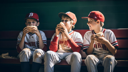 Group of kids in baseball uniform sitting on bench and eating ice creamの素材