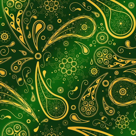 Traditional eastern ornament in gold and green. Seamless vector pattern.のイラスト素材