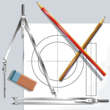 Drawing instrument, paper sheet and eraserのイラスト素材