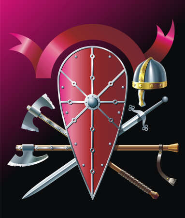 Background with steel-helmet, battle-ax, sword and ribbonのイラスト素材