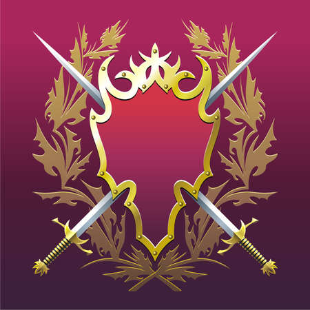 Background with cross swords, badge  and branches.のイラスト素材