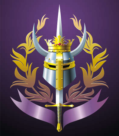 Steel helmet, sword, crown, branches and ribbon.のイラスト素材