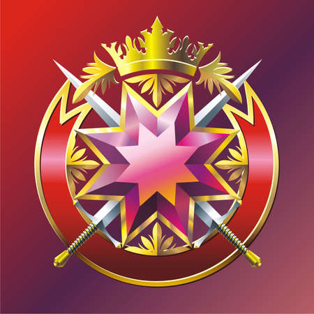 Badge with star, swords, crown, ribbon and branches.のイラスト素材