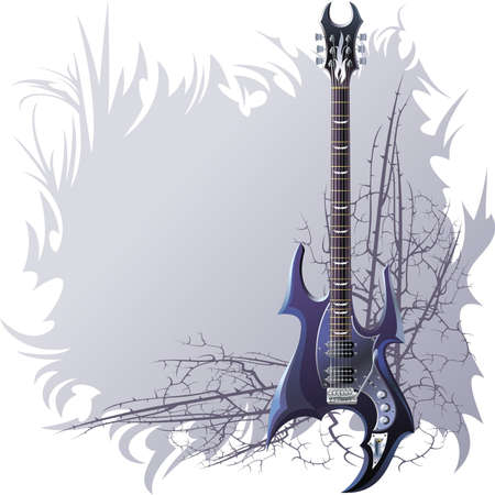 Background with black guitar and spiny branches.のイラスト素材
