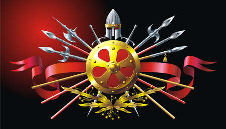 Heraldic composition with helmet, ribbon and spearsのイラスト素材