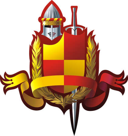 Armorial composition with helmet sword, ribbon and wreathのイラスト素材