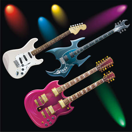 Three guitars and five color spotlightsのイラスト素材