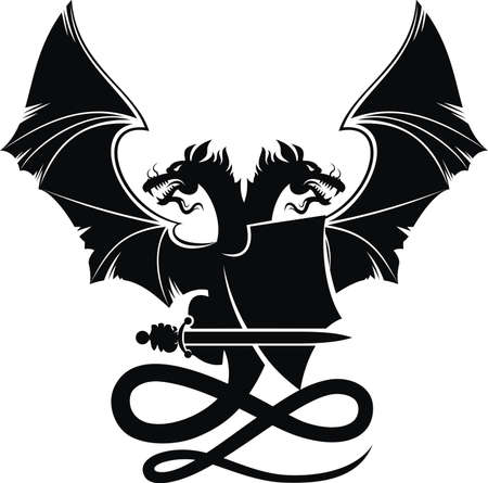 Heraldic composition with dragon, badge and sword.のイラスト素材