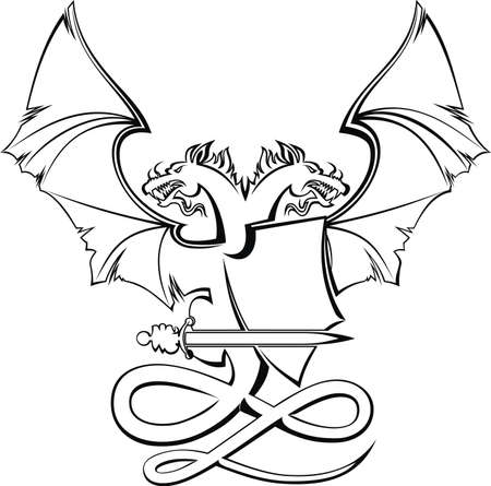 Heraldic composition with dragon, badge and sword.のイラスト素材
