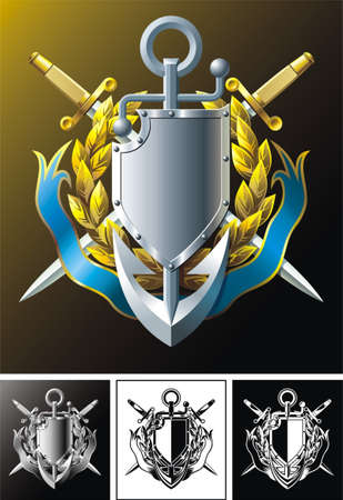 Vector composition with anchor, dirks, laurel wreath, shield and ribbon のイラスト素材