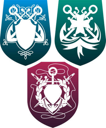 Three heraldic composition with anchors, dirks,  shields and ribbons のイラスト素材