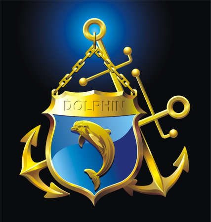 Vector illustration with two anchors, shield, dolphin and chainのイラスト素材