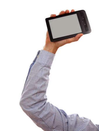 Man s Hand holding e-book reader isolated on white background in studioの写真素材