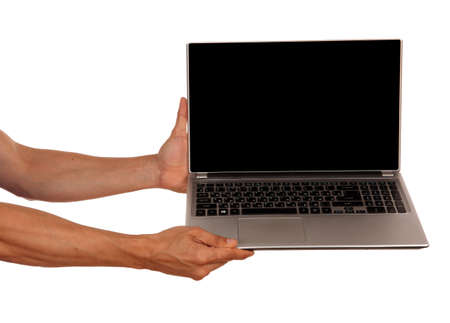 Man Hands holding a laptop isolated on white background