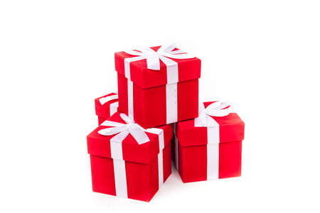 Christmas red gift boxes in the shape of a pyramid, Isolated on white