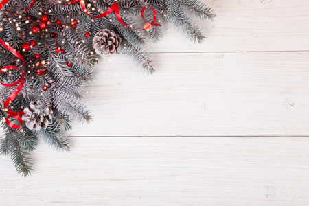 Christmas background on the white wooden desk. Top viev with copy spaceの写真素材