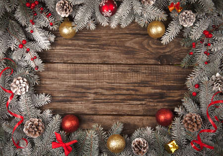 Christmas grunge wooden background with snow fir tree. View with copy spaceの写真素材