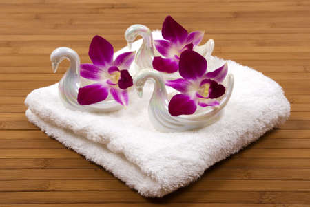 Towel, orchids and swansの写真素材