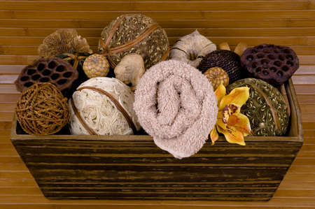 Spa decor accents (balls, natural seeds and mushrooms)の写真素材