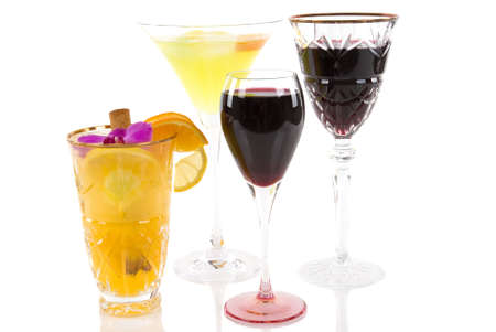 Cocktails, and red wine in various kinds of glasses