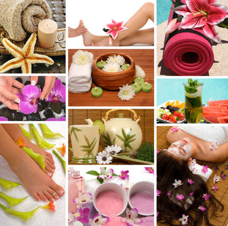 Spa treatment with aromatherapy, pedicure, manicure, massage, herbal tea, healthy fruit, meditation, and skincareの写真素材