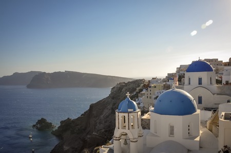 Famous view of the three blue chapels in Oia, Santorini, Greece.のeditorial素材