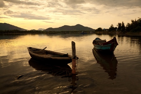 Landscape with boatsin Hue, Vietnamの写真素材