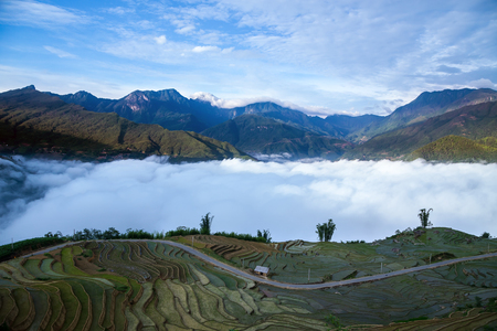 Landscape with terraced rice fields, cloud, and blue sky in Y ty, Bat Xat, Lao cai, Vietnam のeditorial素材