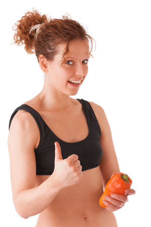 Fitness girl with papper isolated on white backgroundの写真素材