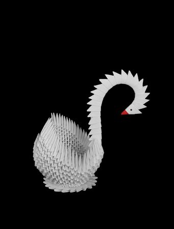 White swan on a black background. It is isolated. A hand-made article from a paper.の写真素材
