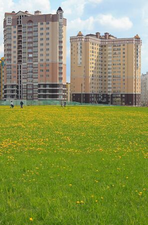 Spring meadow. On a background - new under construction many-storeyed housesの写真素材