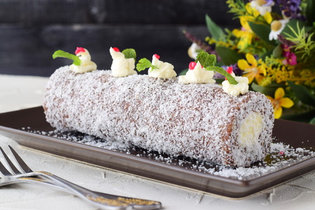 Homemade biscuit roll with coconut filling without baking whole piece