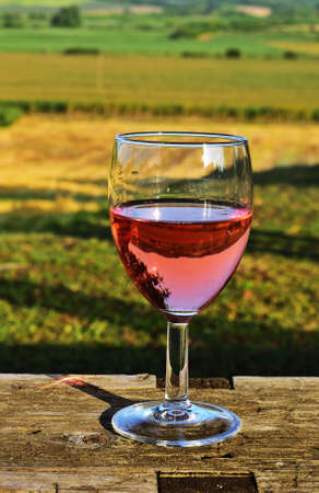 A glass of rose wine with beautiful rural background, verticalの写真素材