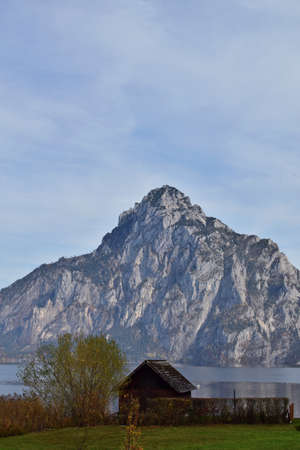 Traunkirchen by the Traunsee on an autumn day, verticalの写真素材