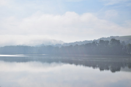 Danube river near Passau, Bavaria on a misty September morningの写真素材