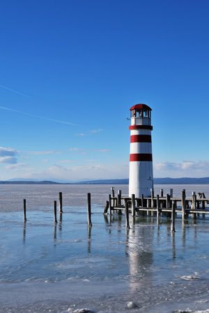 Lighthouse in Podersdorf in the winter, verticalの写真素材