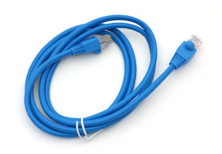 A brand new blue ethernet cable with wire tie. 