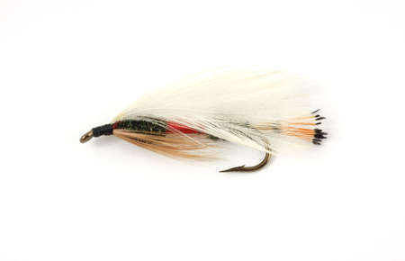 A colorful fly fishing fly against a white background.