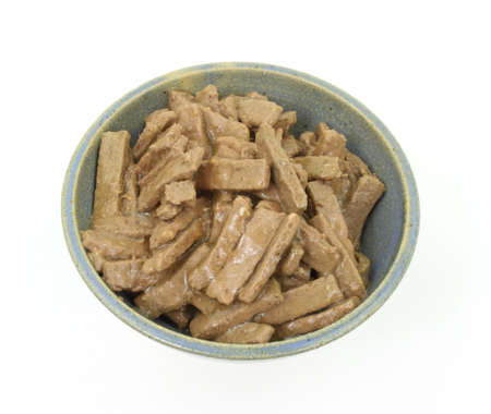 Generic dog food in a stoneware bowl.