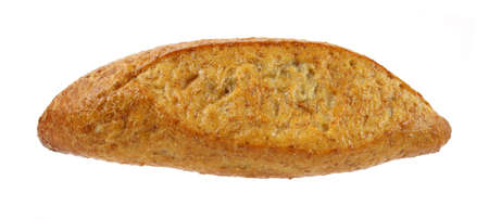 A single small freshly baked wheat sub roll against a white background.